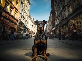 AI generated doberman stands on the street and looks at the camera, Generative AI photo