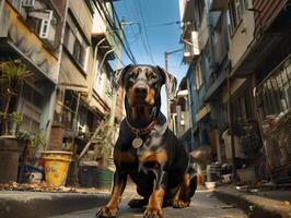 AI generated doberman stands on the street and looks at the camera, Generative AI photo