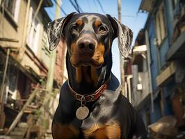 AI generated doberman stands on the street and looks at the camera, Generative AI photo