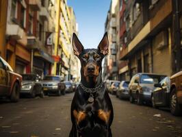 AI generated doberman stands on the street and looks at the camera, Generative AI photo