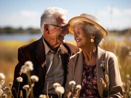 AI generated elderly couple in love walking in nature Generative AI photo