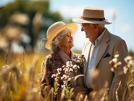 ai generado mayor Pareja en amor caminando en naturaleza generativo ai foto