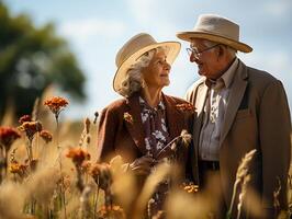 ai generado mayor Pareja en amor caminando en naturaleza generativo ai foto