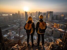 AI generated engineers in helmets look at the city under construction Generative AI photo