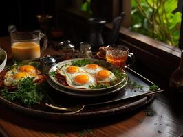 ai generado frito huevos con vegetales y un vaso de naranja jugo generativo ai foto