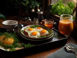 ai generado frito huevos con vegetales y un vaso de naranja jugo generativo ai foto