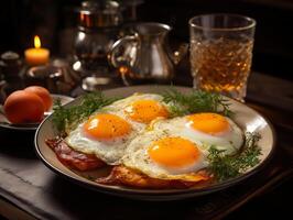 AI generated fried eggs with vegetables and a glass of orange juice Generative AI photo