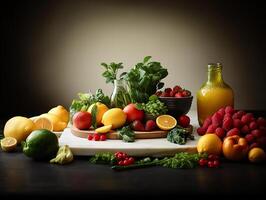 ai generado frutas y bayas cítricos un botella de natural jugo, generativo ai foto