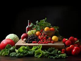 AI generated fruits and berries citruses a bottle of natural juice, Generative AI photo