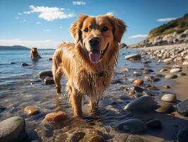 AI generated golden retriever on the beach dog Generative AI photo