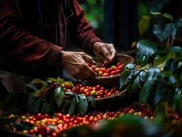 ai generado mano cosecha café de cerca generativo ai foto