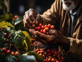 AI generated hand picking coffee closeup Generative AI photo