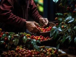 ai generado mano cosecha café de cerca generativo ai foto