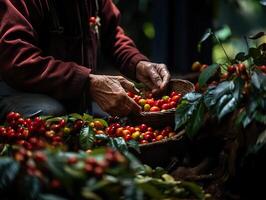 ai generado mano cosecha café de cerca generativo ai foto