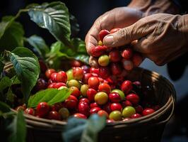 AI generated hand picking coffee closeup Generative AI photo