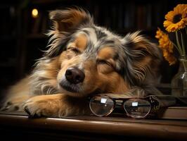AI generated sleeping dog with book and glasses on blurred background Generative AI photo