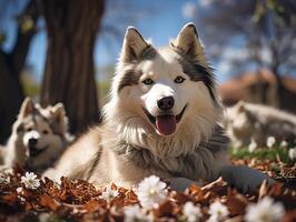 AI generated fluffy husky lies on the grass on a blurred background Generative AI photo