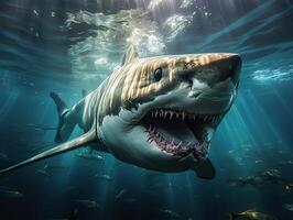 ai generado tiburón con abierto boca nada submarino generativo ai foto