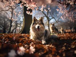 AI generated fluffy husky lies on the grass on a blurred background Generative AI photo