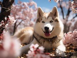 AI generated fluffy husky lies on the grass on a blurred background Generative AI photo