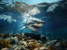 AI generated shark with open mouth swims underwater Generative AI photo