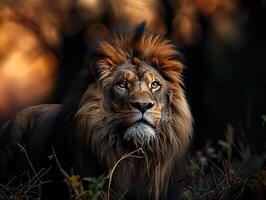 AI generated lion in the forest on a blurred background Generative AI photo