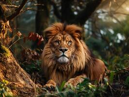 AI generated lion in the forest on a blurred background Generative AI photo