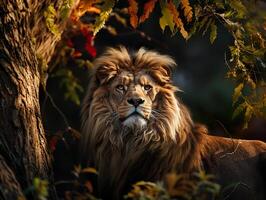 AI generated lion in the forest on a blurred background Generative AI photo