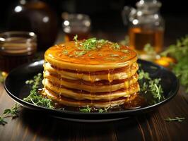 AI generated pancakes fritters poured with honey in a plate on a blurred background Generative AI photo