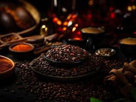 AI generated roasted coffee beans on blurred background Generative AI photo