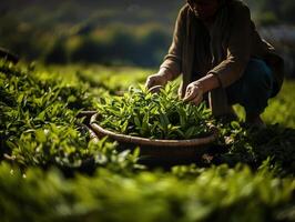 ai generado cosecha verde té hojas generativo ai foto