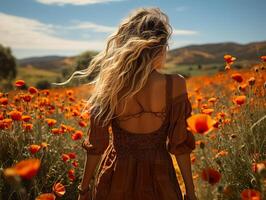 AI generated a girl walks in a poppy field view from the back Generative AI photo