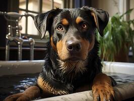 AI generated Rottweiler in the bathroom on a blurred background Generative AI photo