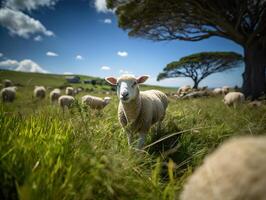 AI generated sheep on the background of pasture and other sheep Generative AI photo