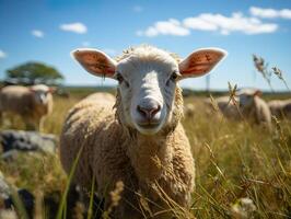 AI generated sheep on the background of pasture and other sheep Generative AI photo