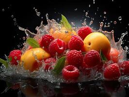 ai generado refrescante chapoteo de Fruta y agrios generativo ai foto