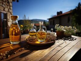 AI generated sunflower oil in a decanter on a wooden table with seeds Generative AI photo