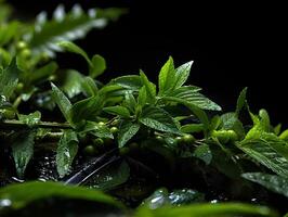 AI generated green tea leaves in dew Generative AI photo