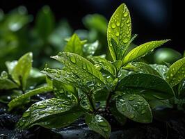 AI generated green tea leaves in dew Generative AI photo