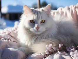 AI generated white cat lies on a blurred background Generative AI photo