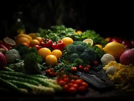 AI generated Assorted vegetables and fruits on a dark background Generative AI photo