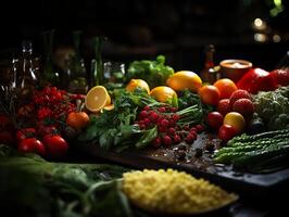 ai generado clasificado vegetales y frutas en un oscuro antecedentes generativo ai foto