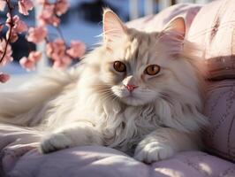 AI generated white cat lies on a blurred background Generative AI photo