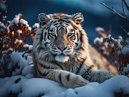 AI generated tiger on the background of a winter landscape Generative AI photo