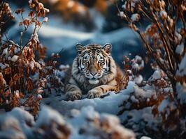 AI generated tiger on the background of a winter landscape Generative AI photo