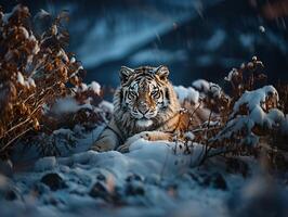 AI generated tiger on the background of a winter landscape Generative AI photo