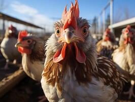 ai generado pollo caminar en el pollo cooperativa de cerca generativo ai foto