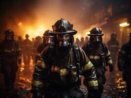 ai generado bomberos en el antecedentes de fuego generativo ai foto