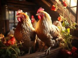 ai generado pollo caminar en el pollo cooperativa de cerca generativo ai foto