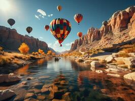 AI generated hot air balloon in the mountains over the water Generative AI photo